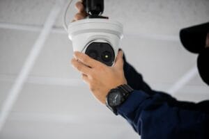 Technician installing and servicing an outdoor CCTV camera