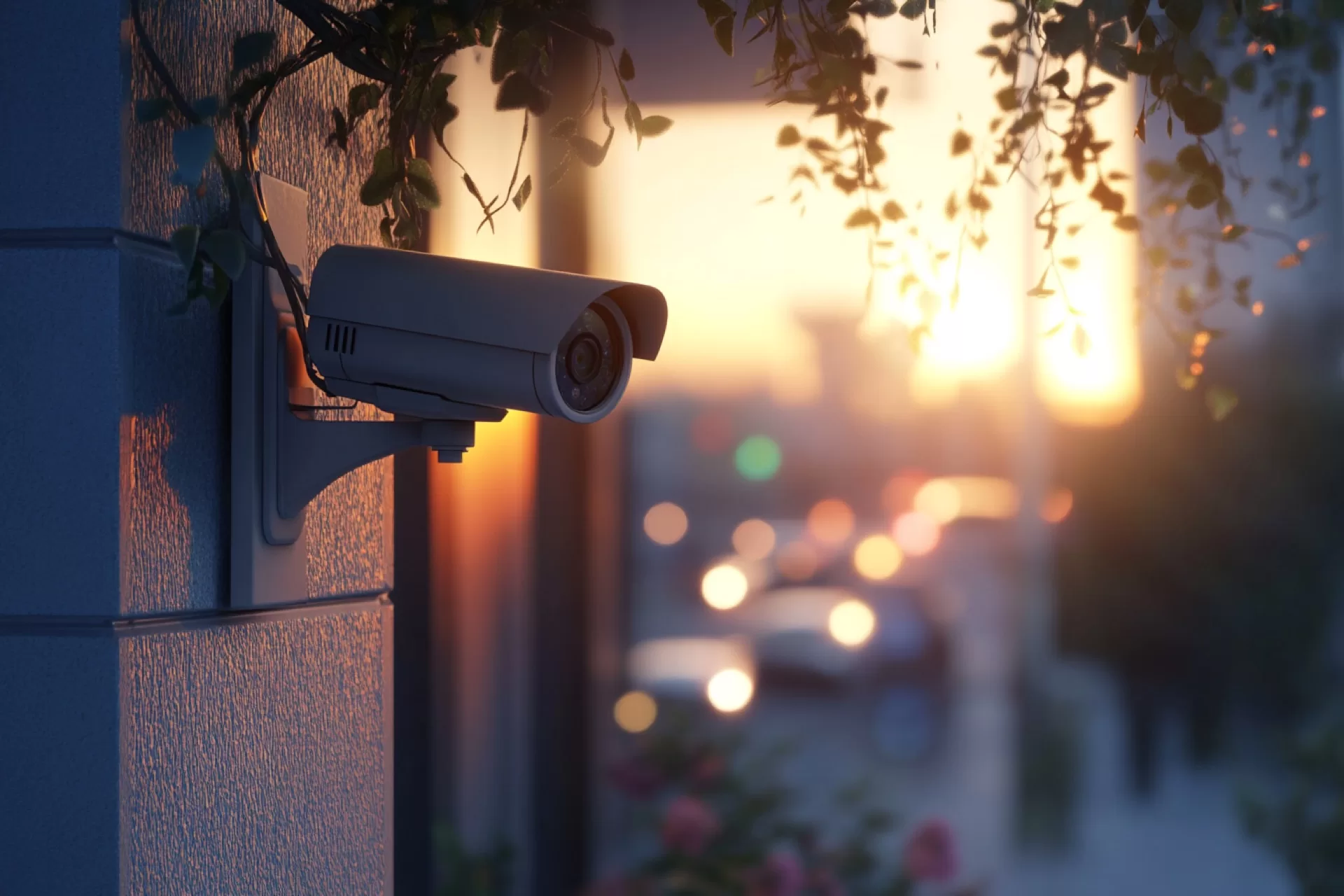 Commercial building surveillance camera covering an entrance at dusk