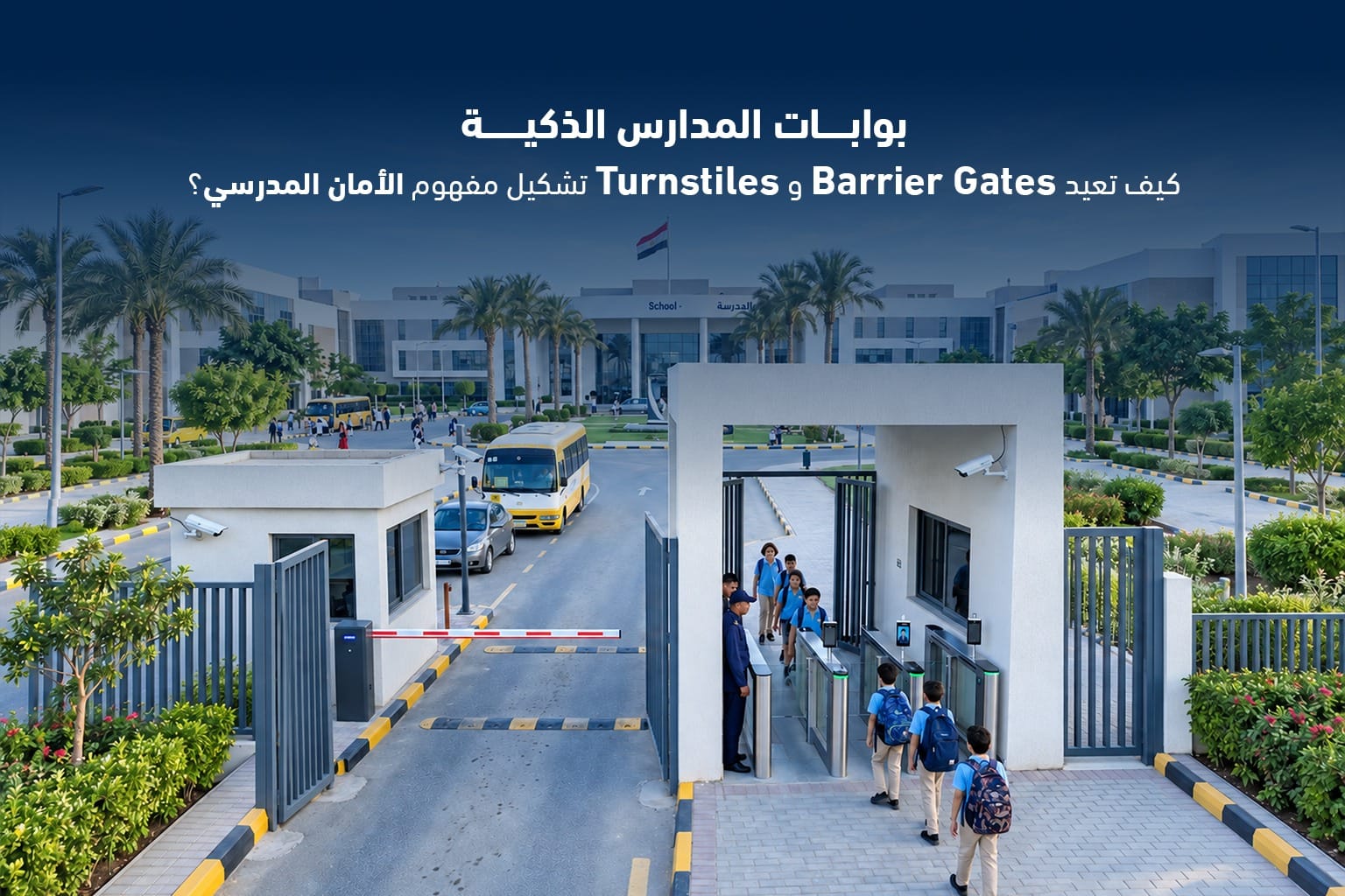 بوابات المدارس الذكية — Barrier Gates وTurnstiles مدخل مدرسة ذكي ببوابة هيكفيجن للمركبات على مسار السيارات وبوابات عبور للمشاة أثناء دخول الطلاب وأتوبيس المدرسة