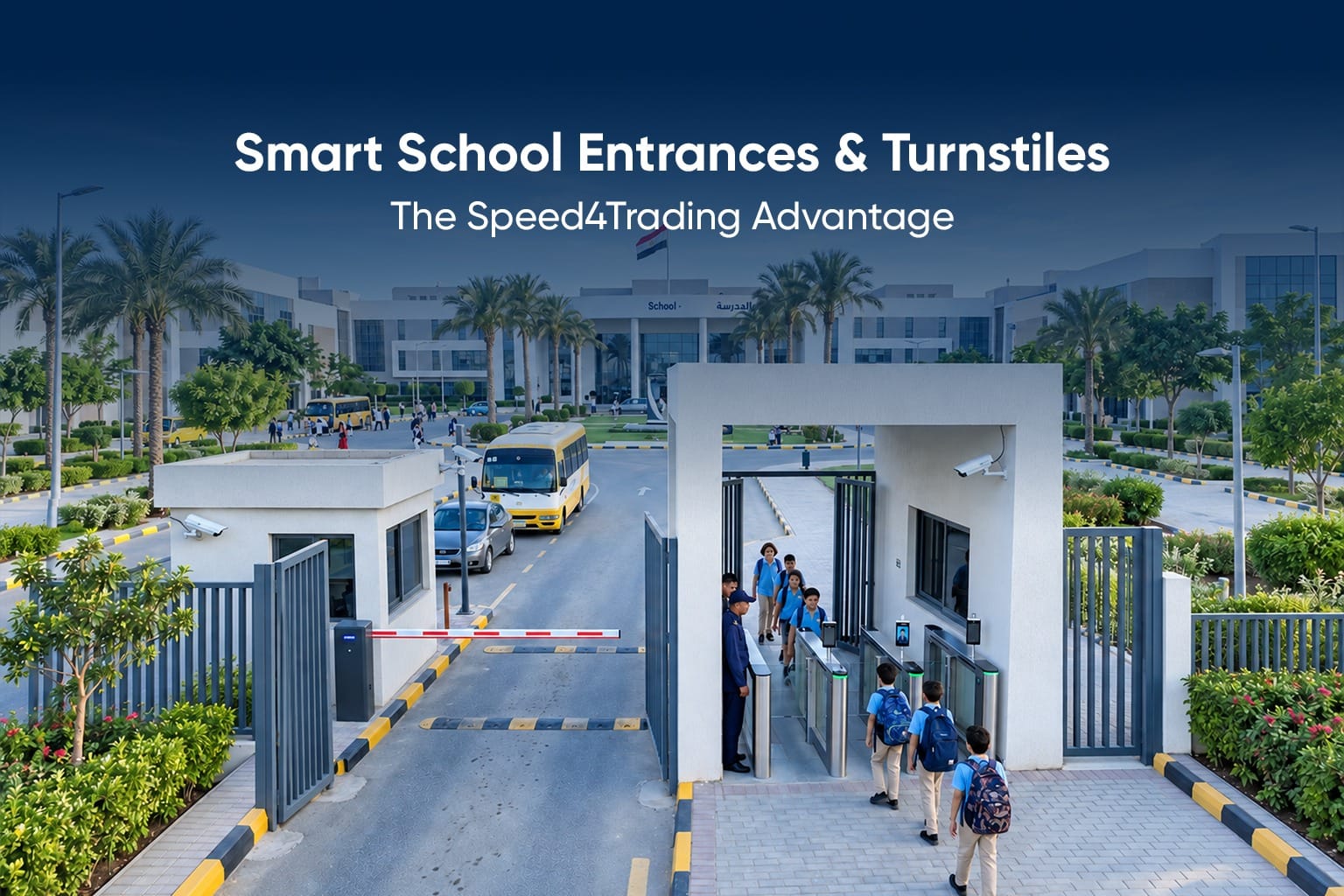 Smart school entrance with a Hikvision barrier gate on the vehicle lane and speed-gate turnstiles on the pedestrian lane as students and a school bus arrive