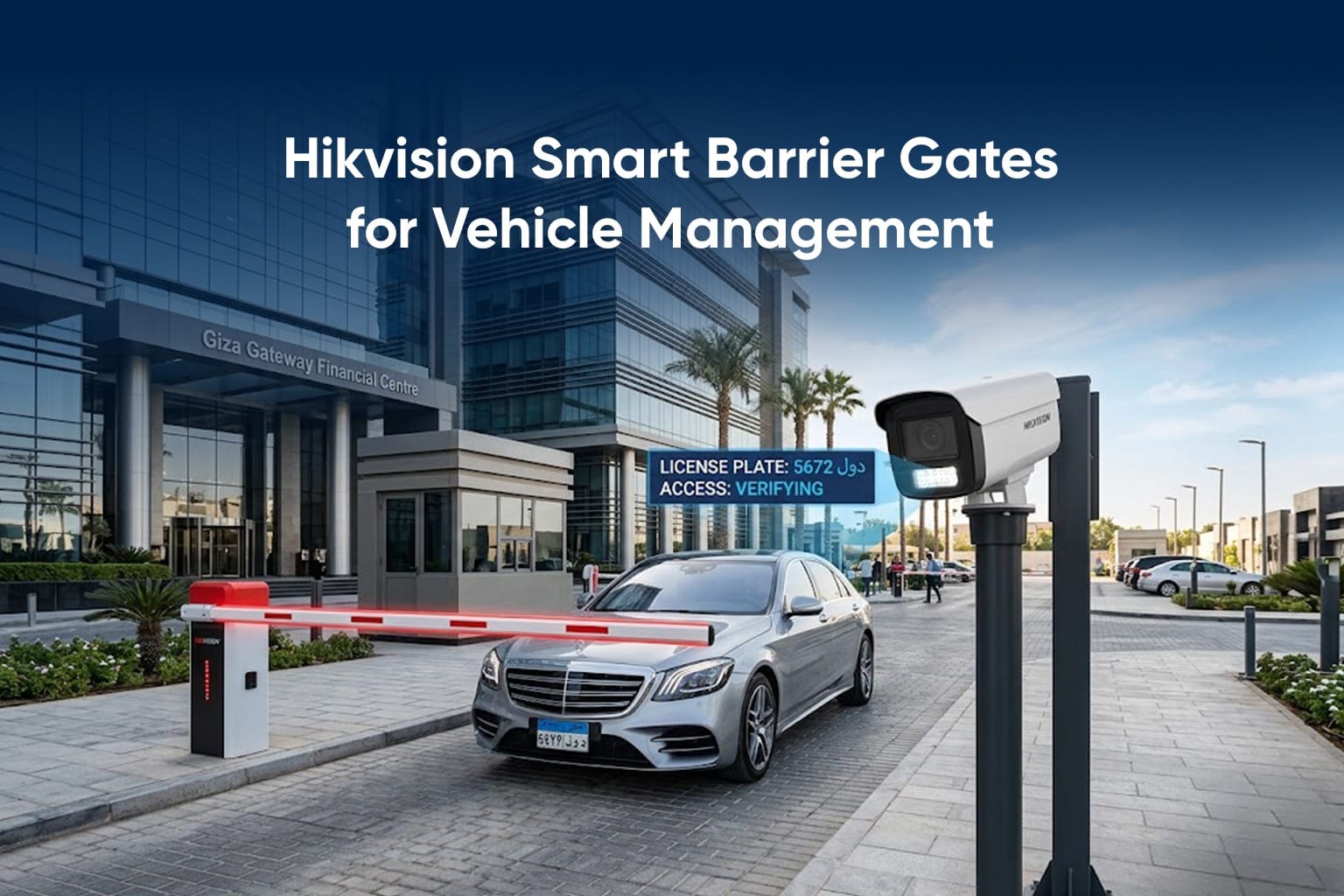 Hikvision smart barrier gate reading a vehicle licence plate with ANPR at a controlled entrance